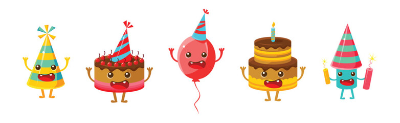 Happy Birthday Object with Funny Face and Arms Vector Set