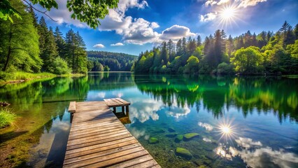 Fototapeta premium Serene lake scenery on a sunny day, featuring a wooden jetty jutting out into calm crystal-clear waters surrounded by lush green forests.