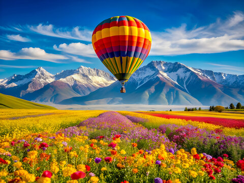 Hot air balloon over cosmos flower with blue sky

