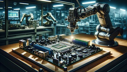 Robotic Arm Operating on Motherboard in Electronics Manufacturing Lab
