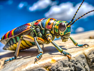 colorful vivid jewelry beetle in the vivid blue and texture background.