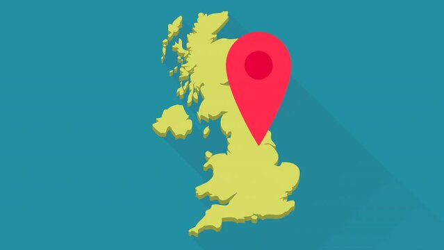 Looped animation of a red location marker bouncing on the 3D yellow map of United Kingdom on blue background with long shadow design (flat design)