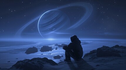 Obraz premium Silhouette of a person with a backpack standing on a hill, gazing at a giant planet and starry night sky, evoking a sense of wonder and exploration. 