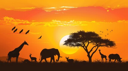 A group of animals are gathered around a tree in the wild