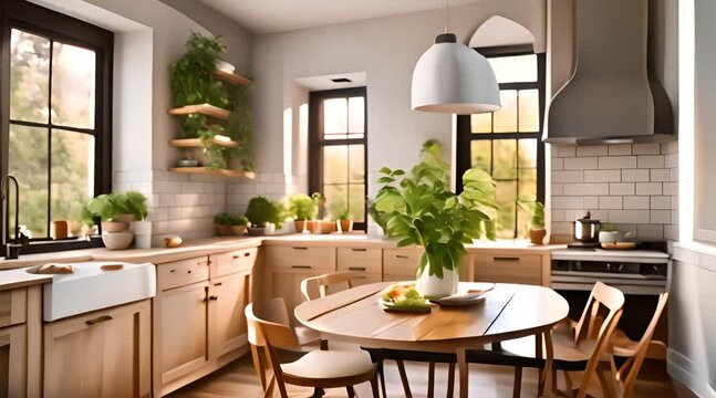 Cozy kitchen interior with cupboards, table and hanging lamp