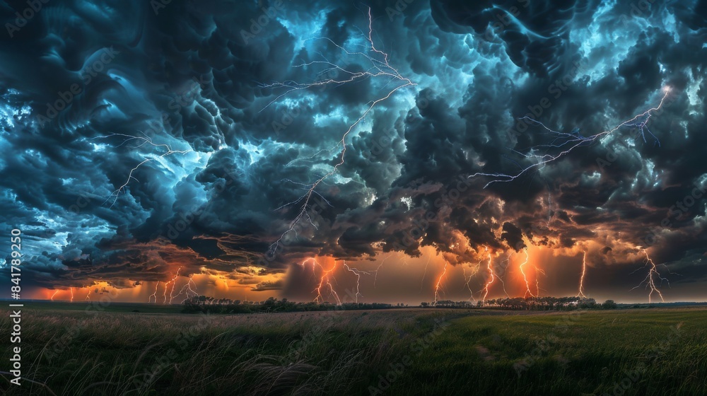 Poster a dramatic sky filled with dark storm clouds and flashes of lightning, capturing the raw power and b