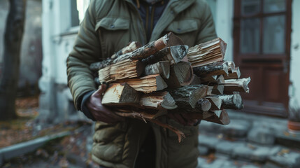 In a cozy, rustic winter setting, a person in a warm jacket carries an armful of chopped firewood, ready to heat a home, surrounded by an old building and fallen leaves.