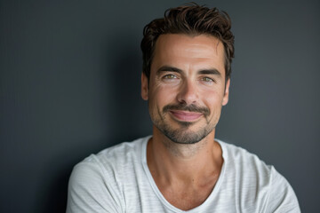 A close up portrait of a young man with a subtle smile