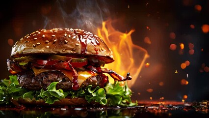 layered sliced tasty juicy double cheese burger with fresh lettuce, tomatoes, onions, pickles and melted cheese stacked high, gourmet fast food, restaurant menus, food