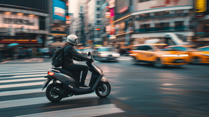 Fototapeta premium A person navigating a bustling city intersection on a scooter, embodying the motion and vibrancy of urban commutes.