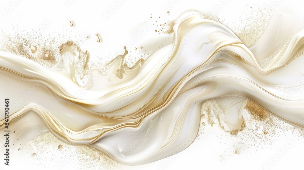 Poster abstract fluid art with elegant gold and white flowing waves on a smooth background, creating a sens
