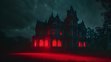 A spooky Halloween-themed manor with glowing orange windows, set against a dark and stormy sky. The eerie atmosphere and gothic architecture make it perfect for a haunted night - Powered by Adobe