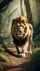 A powerful lion walking in forest