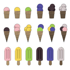 This vector illustration features a variety of colorful ice cream cones and popsicles