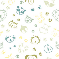 Colorful simple faces animals seamless pattern doodle style. Childish background, texture for textile, fabric, wrapping. Flat graphic vector illustration
