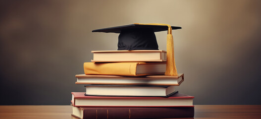 Graduation Cap Atop Stack of Books on Wooden Table