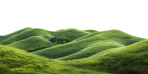 Lush green landscape of green rolling hills panorama isolated on white
