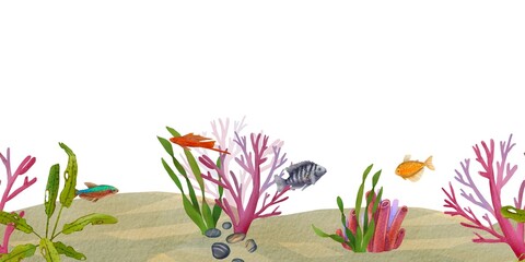 Seamless banner of the ocean floor with exotic fish and plants. Watercolor illustration of the underwater world. Coral reef. The island collection. Suitable for wallpaper, packaging. the background.