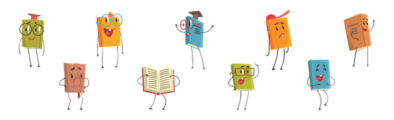 Cute Humanized Book Character in Hard Cover with Arm and Legs Vector Set