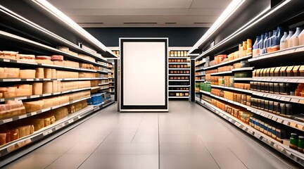 Blank advertising mockup in supermarket product shelf aisle