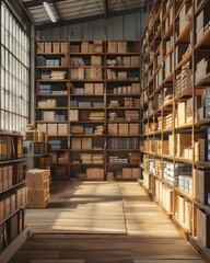 Warehouse with shelves full of cardboard boxes, industrial storage, organized and clean, high detail