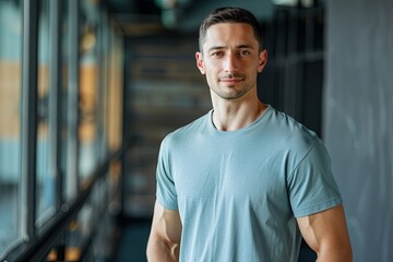 Fototapeta premium Handsome fitness trainer in the gym, close-up, looking at the camera