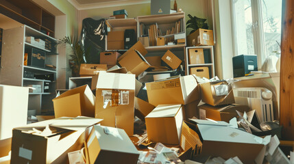 A cluttered room filled with cardboard boxes and various items scattered around, indicating a recent move or major cleanup.