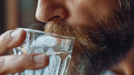 bearded man drinking fresh clean water from a glass generative ai