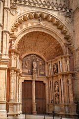 La Seu Cathedral Santa Maria of Palma, Majorca Entrance with fence in front, low angle view, vertical shot, Mallorca