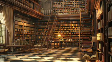An opulent library with towering wooden bookshelves and soft lighting exudes an ambiance of timeless knowledge and intellectual richness.