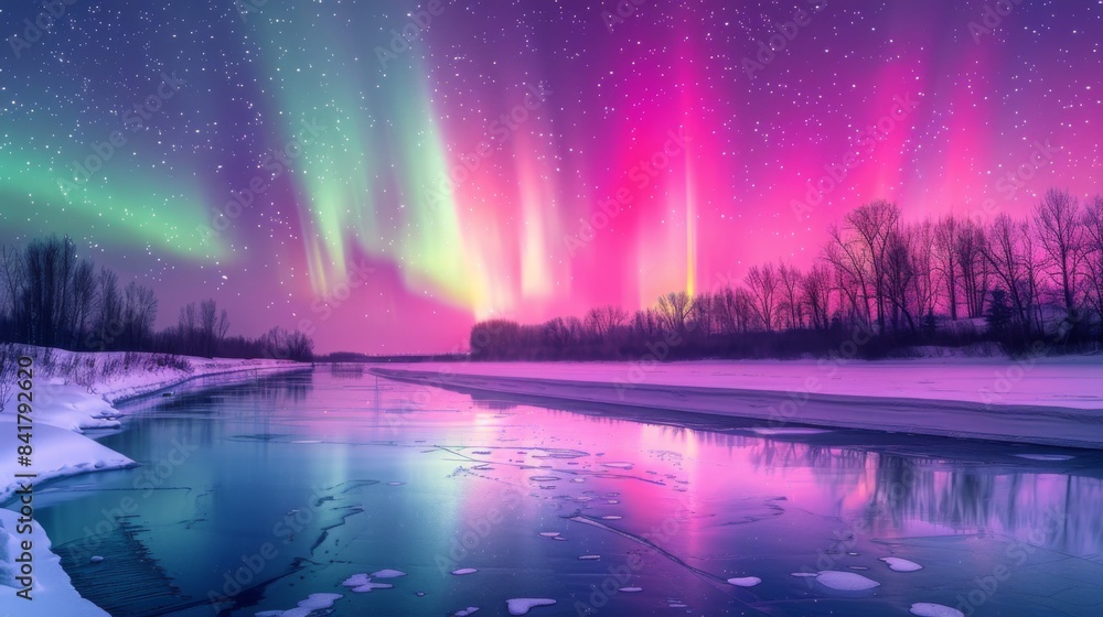 Poster A frozen river reflecting the shimmering colors of the aurora borealis, creating a mirror-like effect on the water's surface.