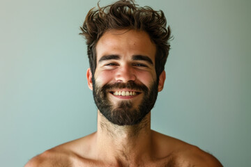 A close up portrait of a young man with a subtle smile
