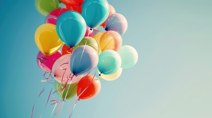 Colorful children's birthday party helium balloons, blue background.