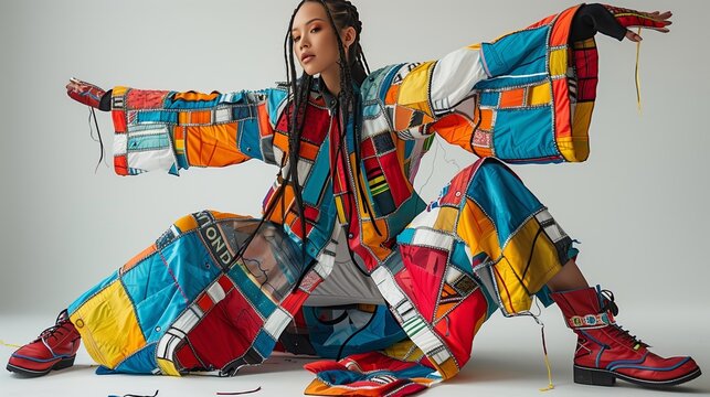 A Model Wearing a Colorful Patchwork Jacket and Pants