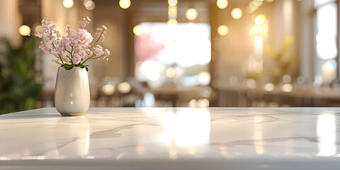 High-gloss ceramic table with soft lighting, against a blurred background of a chic cafe, perfect for elegant dining ware or stylish decor