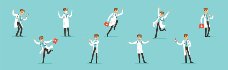 Man Doctor Character in White Coat with Stethoscope in Different Pose Vector Set