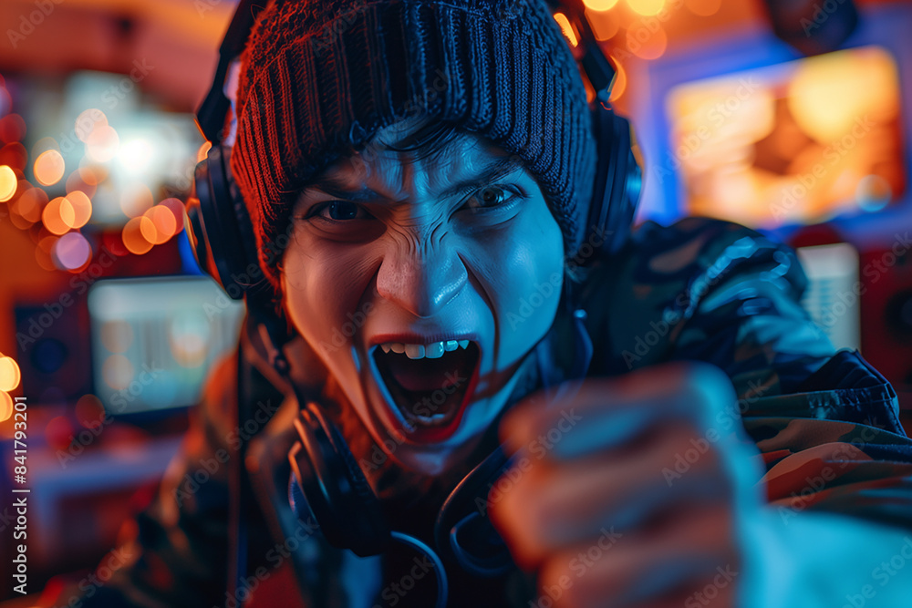 Wall mural professional, angry gamer screaming while playing online video game on computer