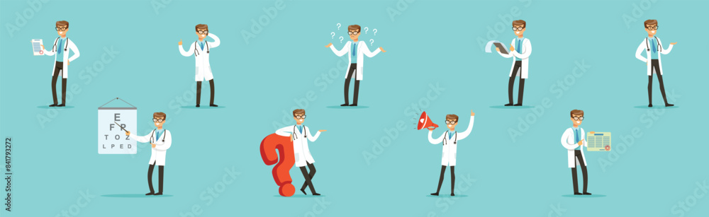 Poster man doctor character in white coat with stethoscope in different pose vector set