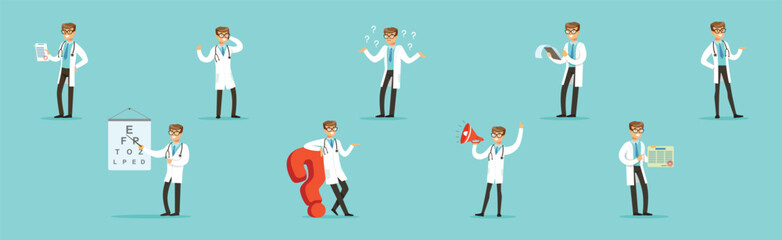 Man Doctor Character in White Coat with Stethoscope in Different Pose Vector Set