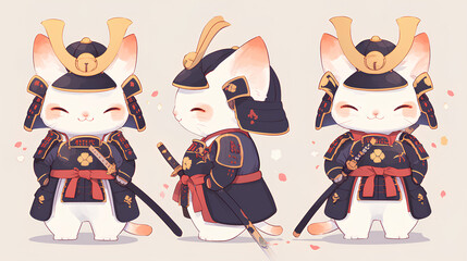 Naklejka premium Cute cat mascot wearing Japanese samurai clothes on a simple background