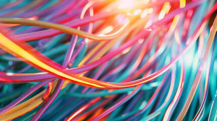 Tangled, colorful cables twist with vibrancy under bright illumination, creating an abstract explosion of color and motion.