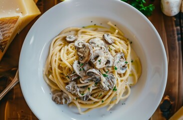A Plate of Creamy Mushroom Spaghetti With Basil and Parmesan