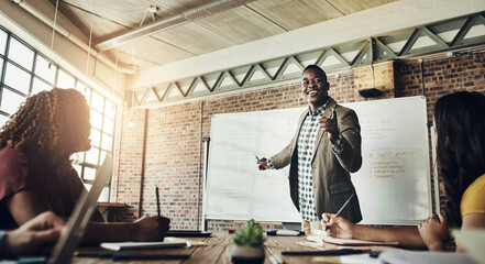 Business people, discussion and presentation with white board in meeting for training, coaching and...