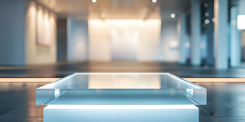 Sleek acrylic podium with underlighting, set against a blurred background of a modern art gallery, perfect for contemporary art pieces or innovative tech gadgets 