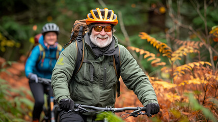 Senior man is mountain biking on a trail through an autumn forest