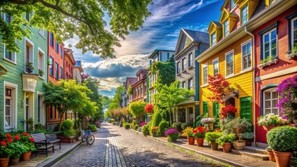 Fototapeta premium Vibrant city street scene with colorful buildings and lush greenery, capturing the essence of friendship and summertime joy.