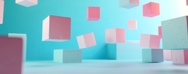 Floating pastel cubes with blue background, abstract 3D rendering. Modern digital art concept