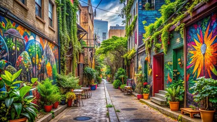 Fototapeta premium Vibrant city street scene with lush greenery, colorful graffiti, and urban props, capturing the essence of friendship and fun, minus the friends.