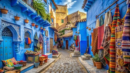 Vibrant blue-painted streets of chefchaouen, morocco, radiate warmth, showcasing ancient architecture, decorative tiles, and colorful vendor stalls, evoking a sense of exotic travel adventure.