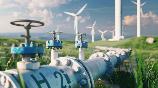 A hydrogen pipeline illustrating the transformation of the energy sector towards to ecology, carbon neutral, secure and independent energy sources to replace natural gas.